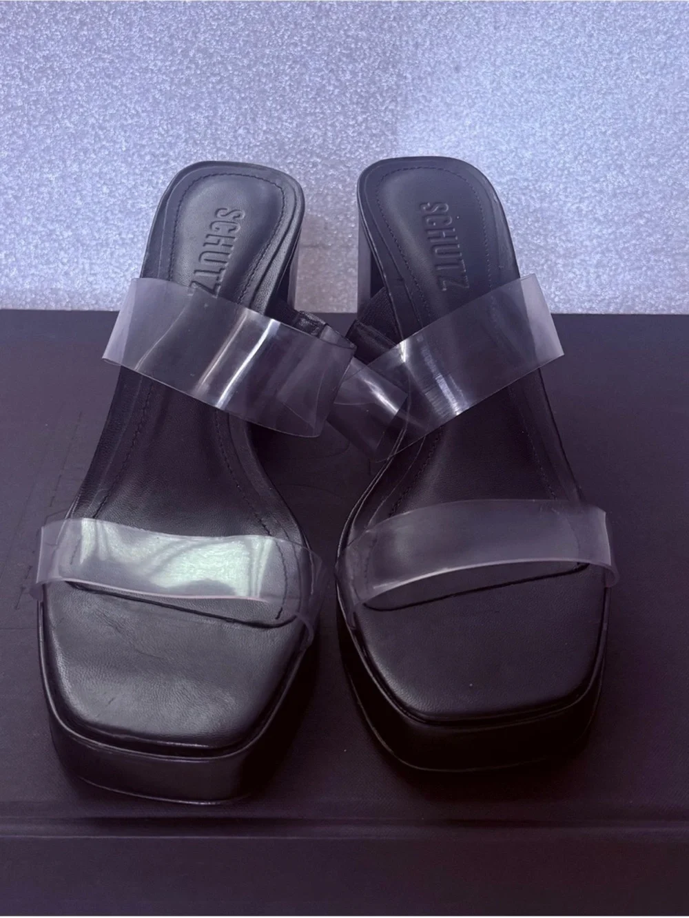 SCHUTZ Black Platform Mules with Clear Straps